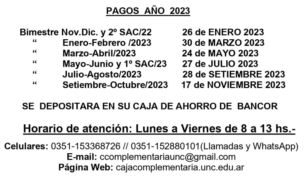 CRONOGRAMA DE PAGO 2023 CAJA COMPLEMENTARIA DE JUBILACIONES Y